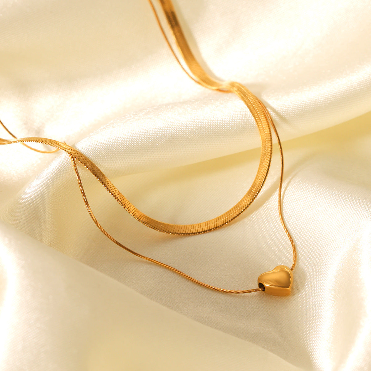 Layered Blade & Snake Chain Necklace with Heart Pendant – 18K Gold Plated Stainless Steel Statement Jewelry for Women
