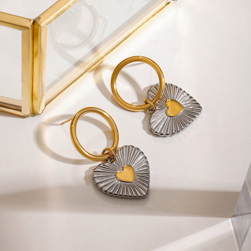 Two-Tone Ribbed Heart Earrings – 18K Gold Plated Stainless Steel Statement Earrings for Women