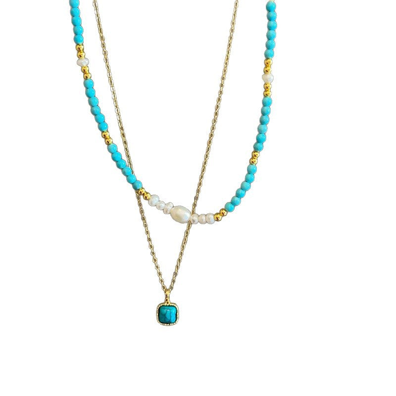Turquoise & Pearl Layered Necklace – Vintage Beaded Double Layer Jewelry for Women