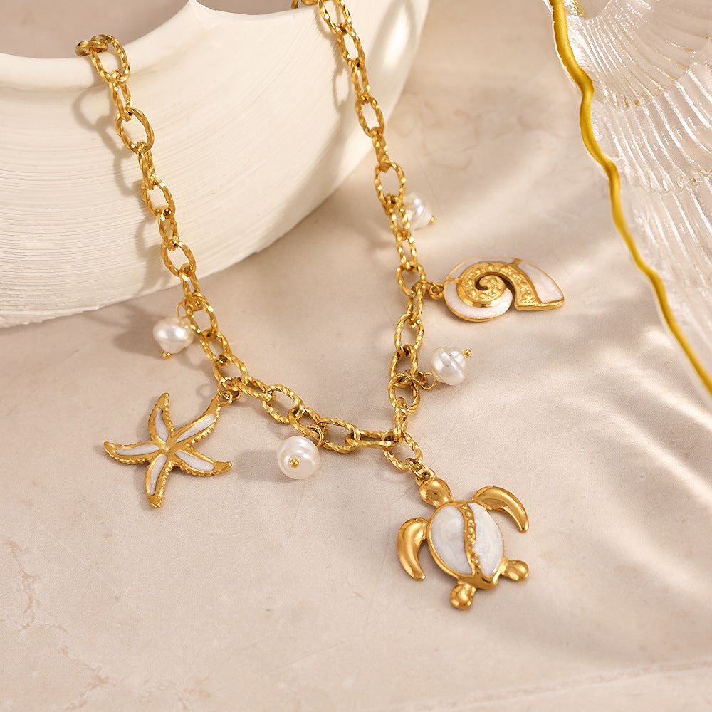 Ocean Starfish, Turtle & Shell Necklace – 18K Gold Plated Stainless Steel Beach Jewelry for Women