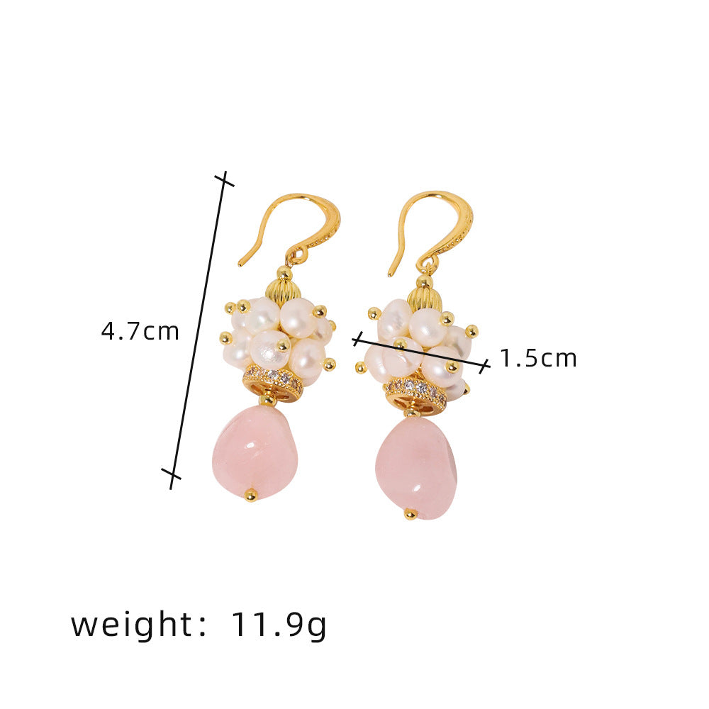 Baroque Rose Quartz & Pomegranate Freshwater Pearl Earrings – Vintage Luxe Statement Jewelry for Women
