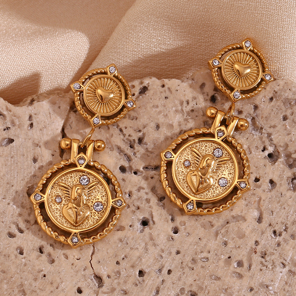 French-Inspired Heart & Angel Coin Earrings – 18K Gold Plated Stainless Steel Vintage Rhinestone Jewelry for Women