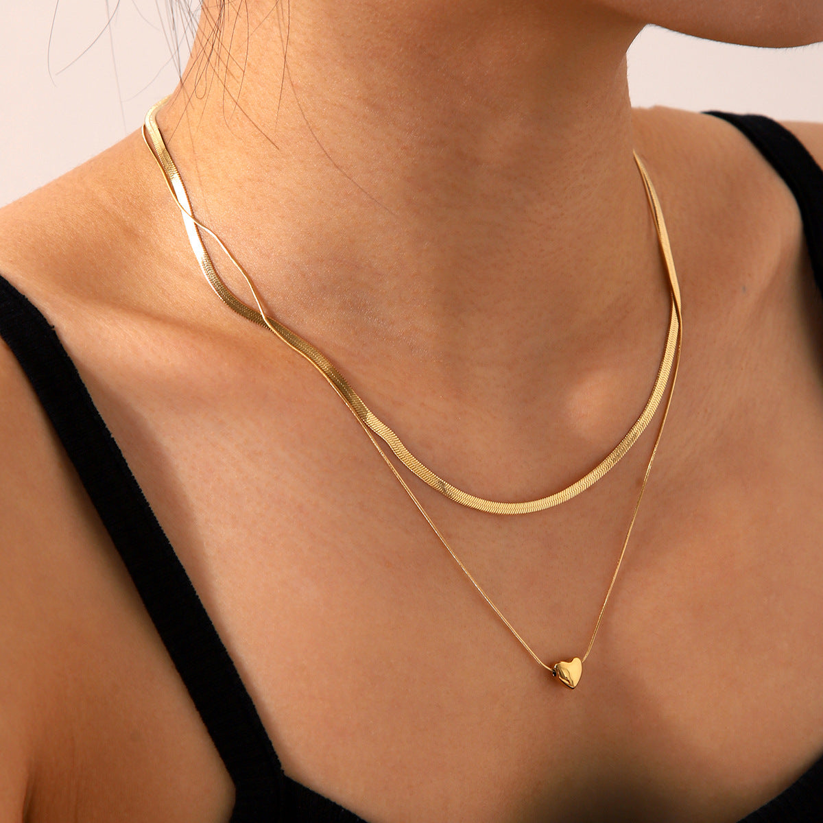 Layered Blade & Snake Chain Necklace with Heart Pendant – 18K Gold Plated Stainless Steel Statement Jewelry for Women