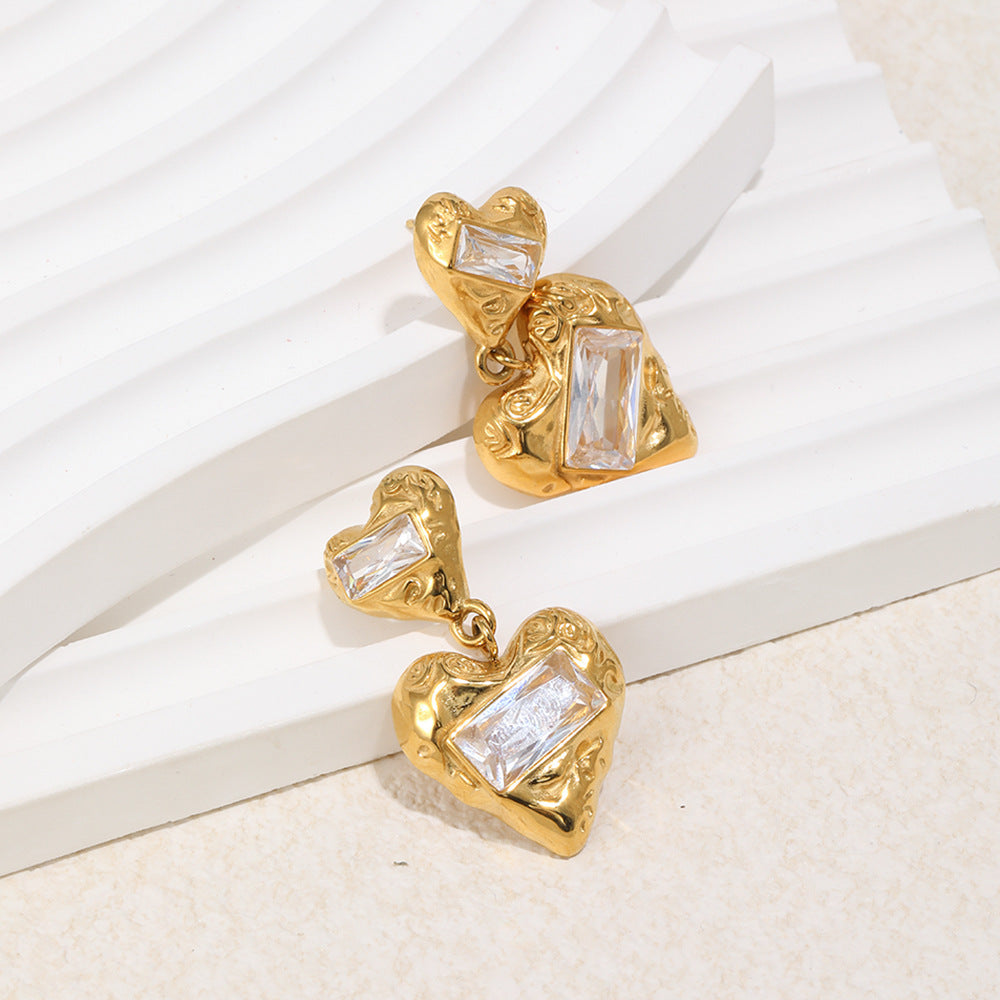 Zircon Heart Stud Earrings – 18K Gold Plated Stainless Steel Minimalist Jewelry for Women