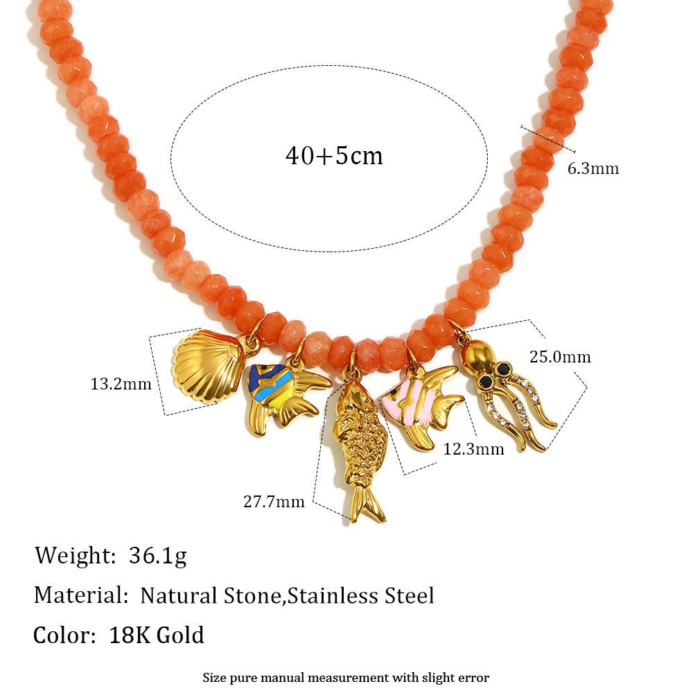 Handmade Beaded Necklace with Red Agate Ocean Creature Pendant – 18K Gold Plated Stainless Steel Boutique Jewelry for Women