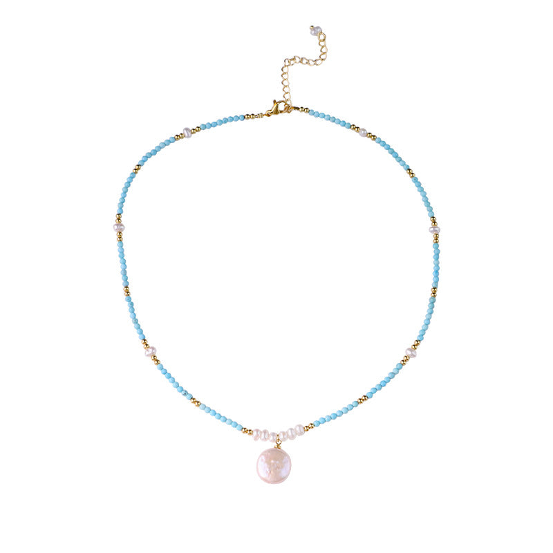 Turquoise & Freshwater Pearl Layered Necklace – 18K Gold Plated Minimalist Luxury Summer Jewelry for Women