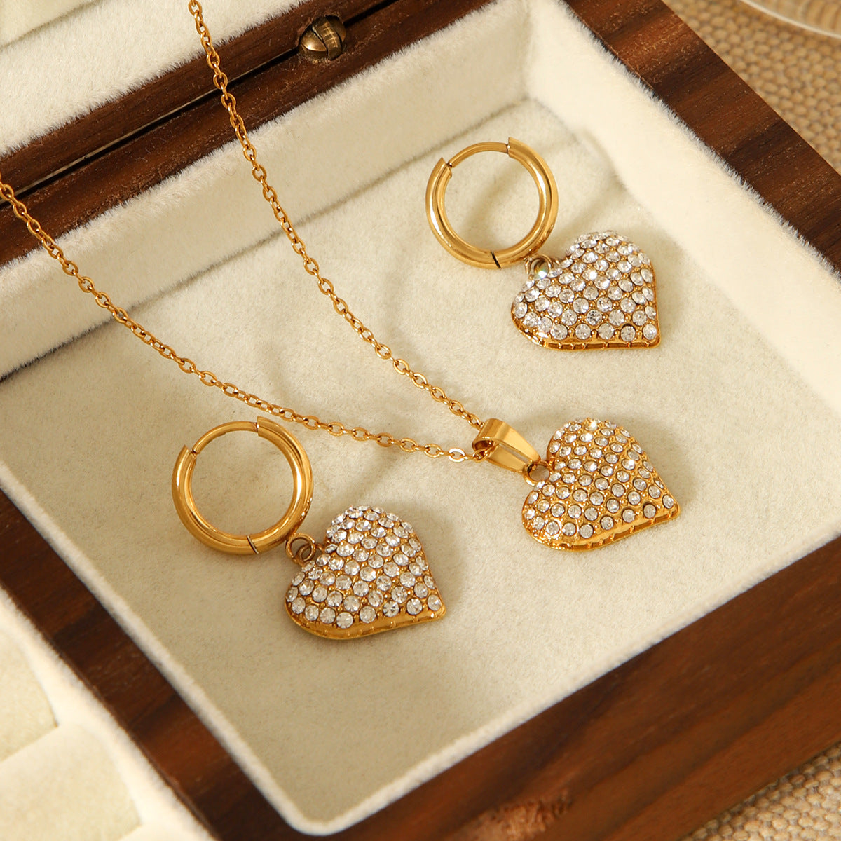 CZ Heart Earrings & Pendant Necklace Set – 18K Gold Plated Stainless Steel Romantic Jewelry for Women