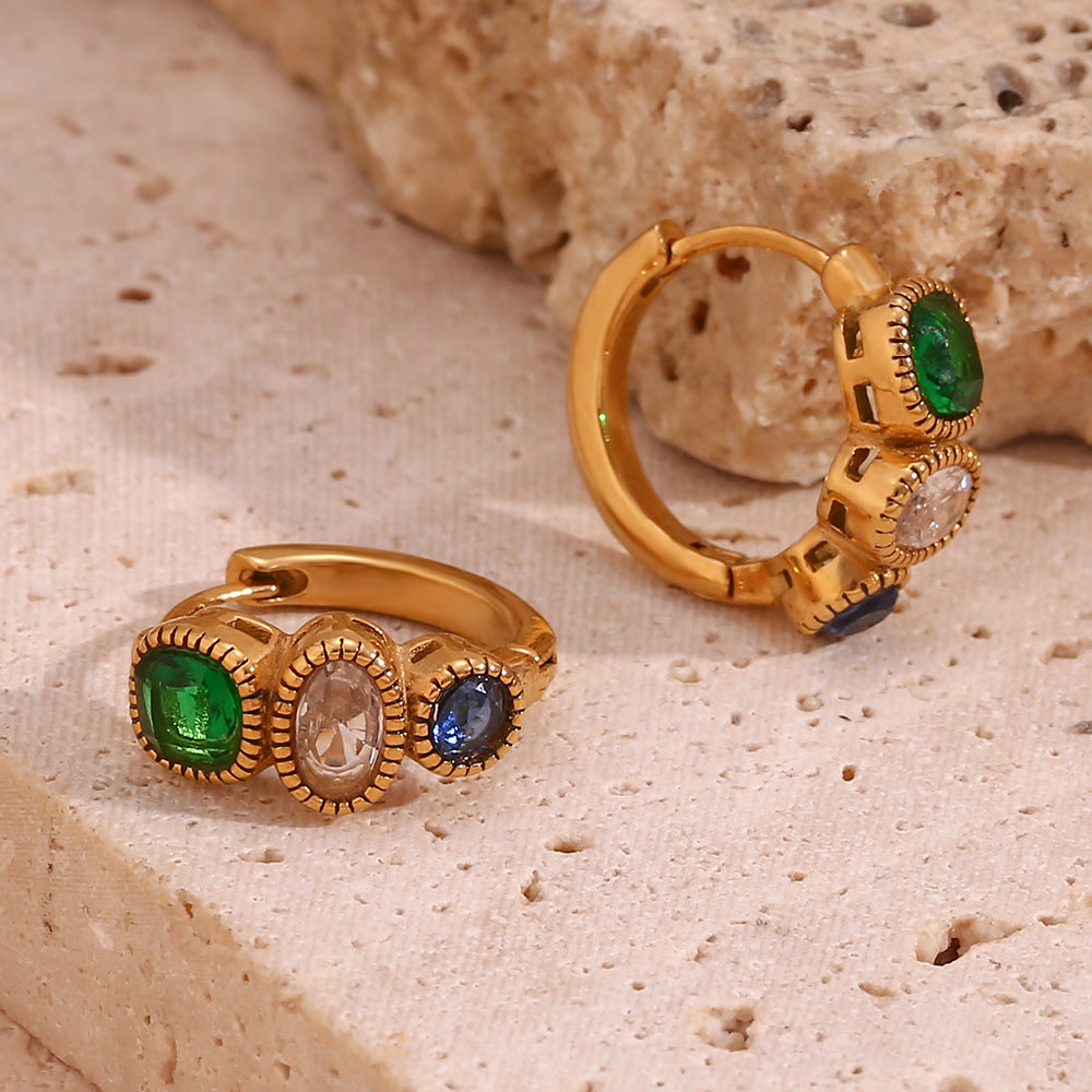 Vintage Gemstone Hoop Earrings – Sapphire & Colorful CZ 18K Gold Plated Stainless Steel Statement Jewelry for Women