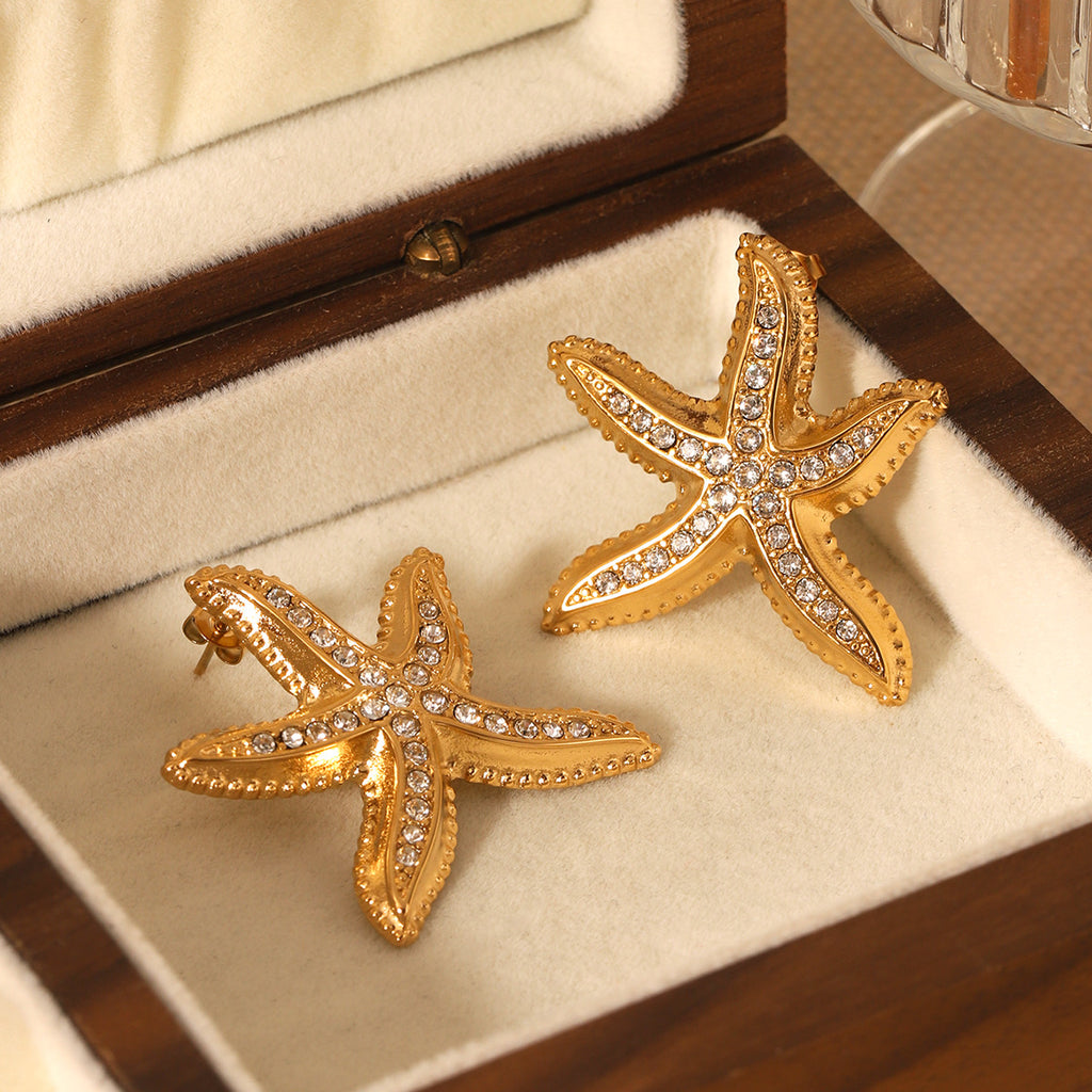 CZ Starfish Stud Earrings – 18K Gold Plated Stainless Steel Ocean-Inspired Minimalist Jewelry for Women