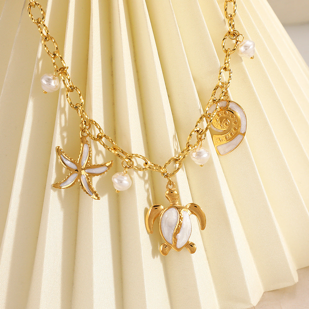 Ocean Starfish, Turtle & Shell Necklace – 18K Gold Plated Stainless Steel Beach Jewelry for Women