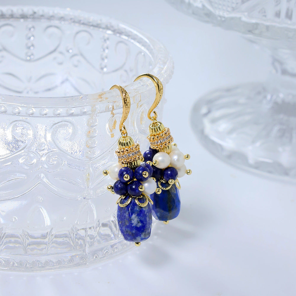 Lapis Lazuli & Freshwater Pearl Earrings – Vintage French Style Gemstone Jewelry for Women