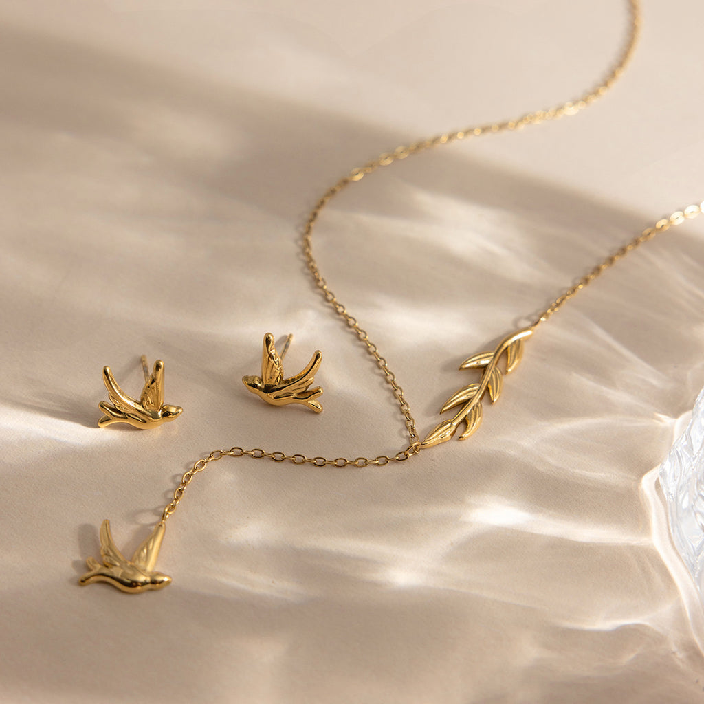 18K Gold Plated Stainless Steel Dove Earrings & Necklace Set – Fashion Jewelry for Women