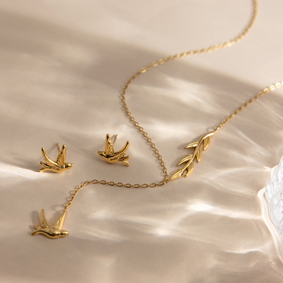 18K Gold Plated Stainless Steel Dove Earrings & Necklace Set – Fashion Jewelry for Women