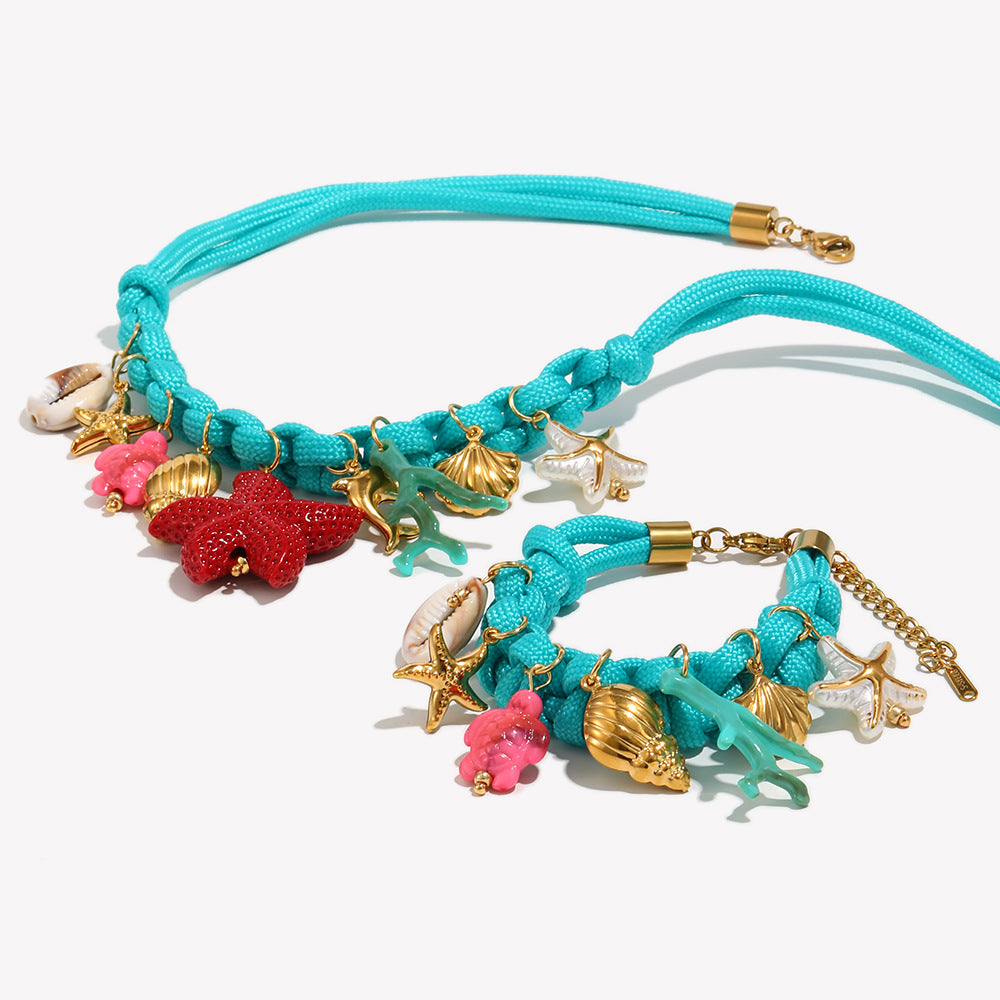 Minimalist Ocean Necklace & Bracelet Set – 18K Gold Plated Stainless Steel Blue Cord Layered Jewelry for Women