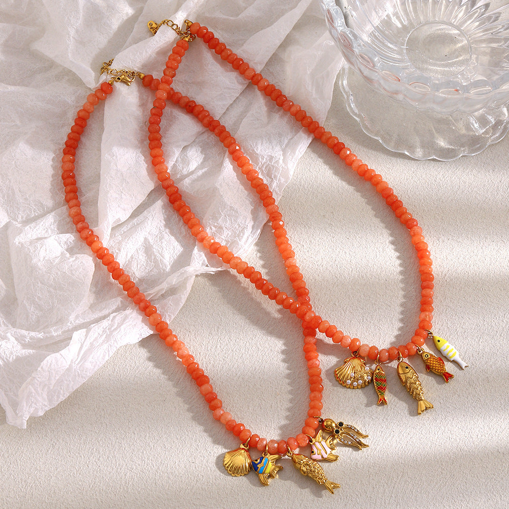 Handmade Beaded Necklace with Red Agate Ocean Creature Pendant – 18K Gold Plated Stainless Steel Boutique Jewelry for Women