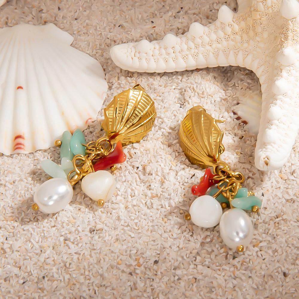 Ocean-Inspired Starfish & Shell Earrings – Stainless Steel Pearl & Natural Stone Drop Earrings for Women
