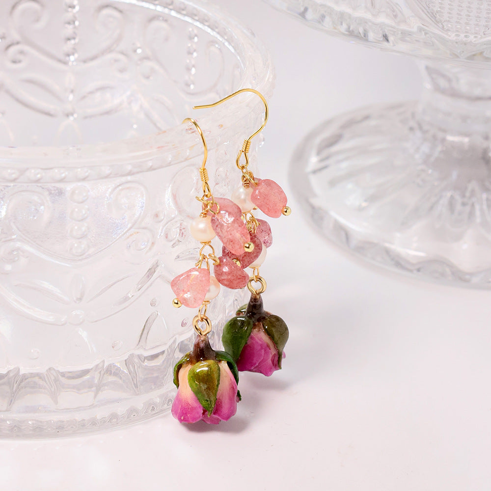 Pink Tassel Floral Earrings – Oil Painting Style Freshwater Pearl Boho Luxe Statement Jewelry