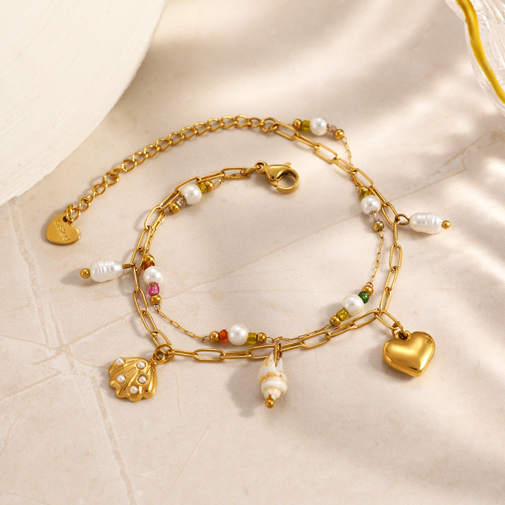 Heart Shell Layered Bracelet – 18K Gold Plated Stainless Steel Double Layer Minimalist Jewelry for Women