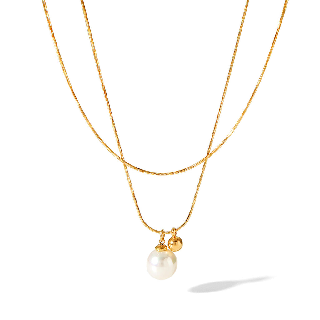 Double-Layer Pearl Pendant Necklace – 18K Gold Plated Stainless Steel Minimalist Layering Jewelry for Women