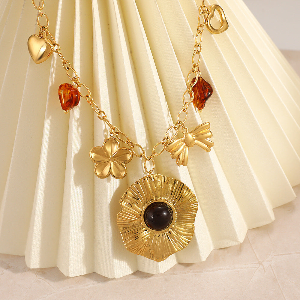 Flower Heart & Bow Necklace – 18K Gold Plated Stainless Steel Waterproof Statement Jewelry for Women