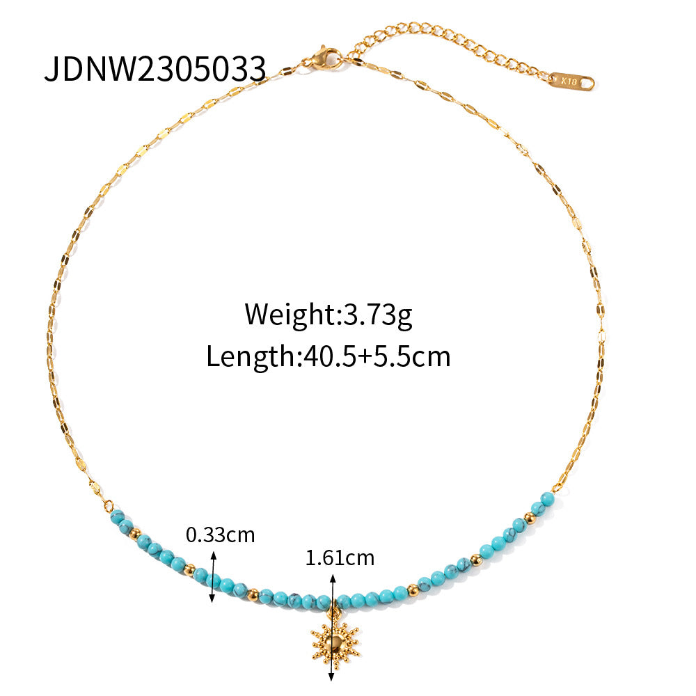 Turquoise Sun Pendant Necklace – 18K Gold Plated Stainless Steel Boho Jewelry for Women