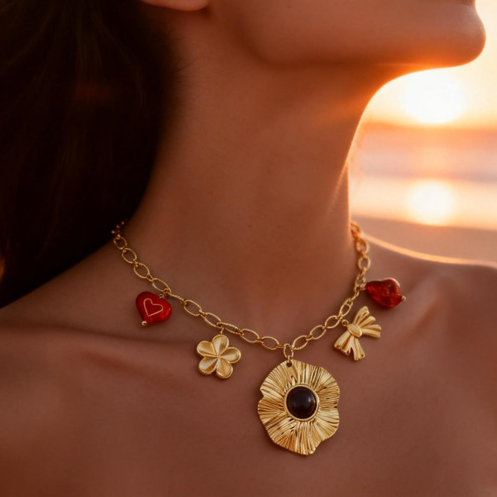 Flower Heart & Bow Necklace – 18K Gold Plated Stainless Steel Waterproof Statement Jewelry for Women