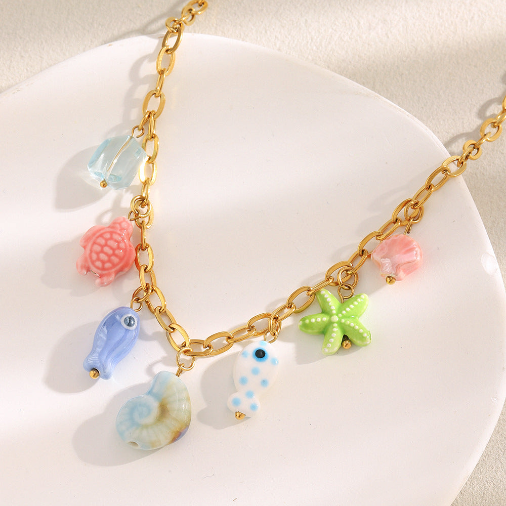 Handmade Ocean Fish Necklace – Colorful Ceramic Beads, 18K Gold Plated Stainless Steel Boutique Jewelry for Women