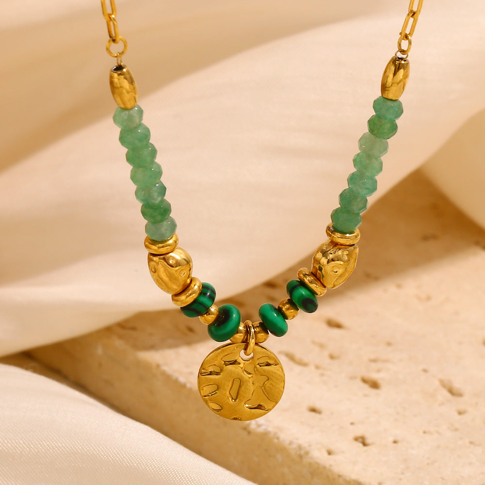 Geometric Hammered Circle Pendant Necklace – 18K Gold Plated Stainless Steel Green Gemstone Statement Jewelry for Women