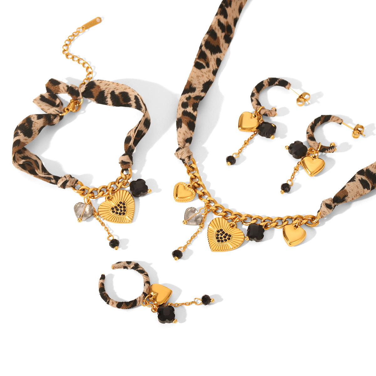 Heart Pendant & Leopard Print 4-Piece Jewelry Set – 18K Gold Plated Stainless Steel Necklace, Bracelet, Earrings & Ring for Women