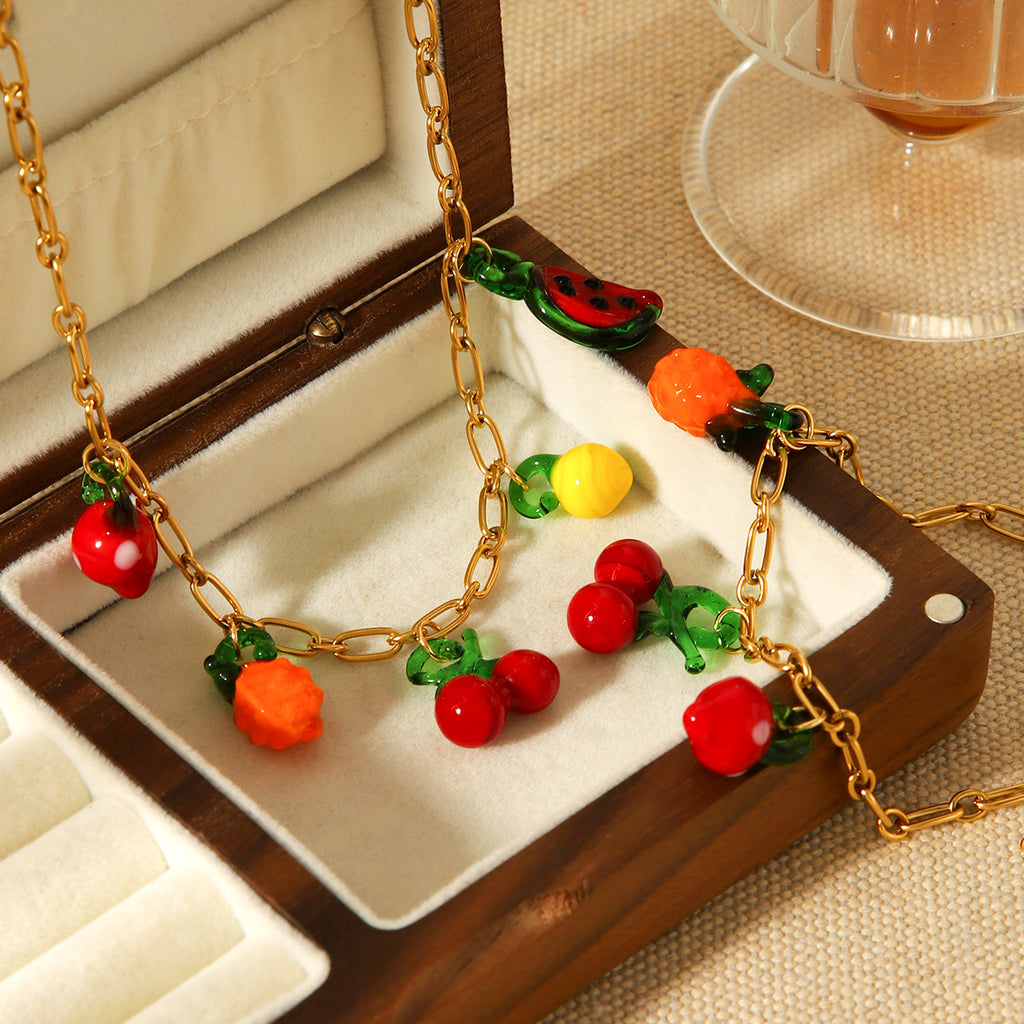 Fruit Charm Necklace & Bracelet Set – Cherry, Strawberry & Watermelon 18K Gold Plated Stainless Steel Cute Summer Jewelry
