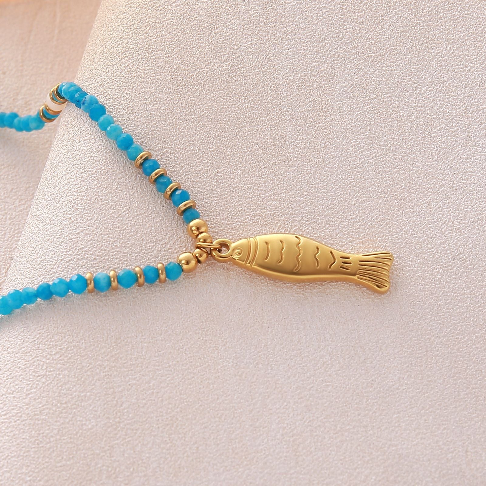 Ocean Fish Charm Necklace – Gold Plated Stainless Steel Natural Stone Beach Jewelry for Women