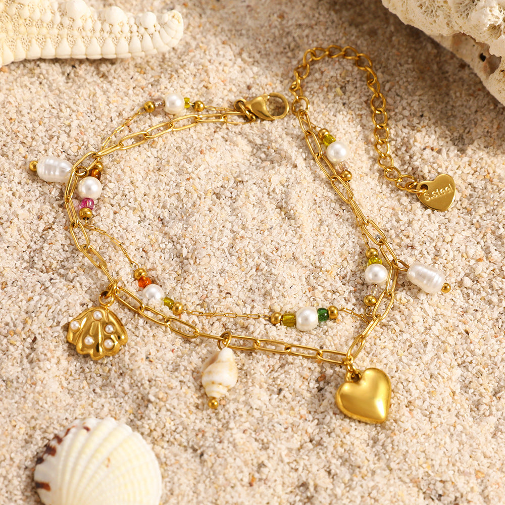 Heart Shell Layered Bracelet – 18K Gold Plated Stainless Steel Double Layer Minimalist Jewelry for Women
