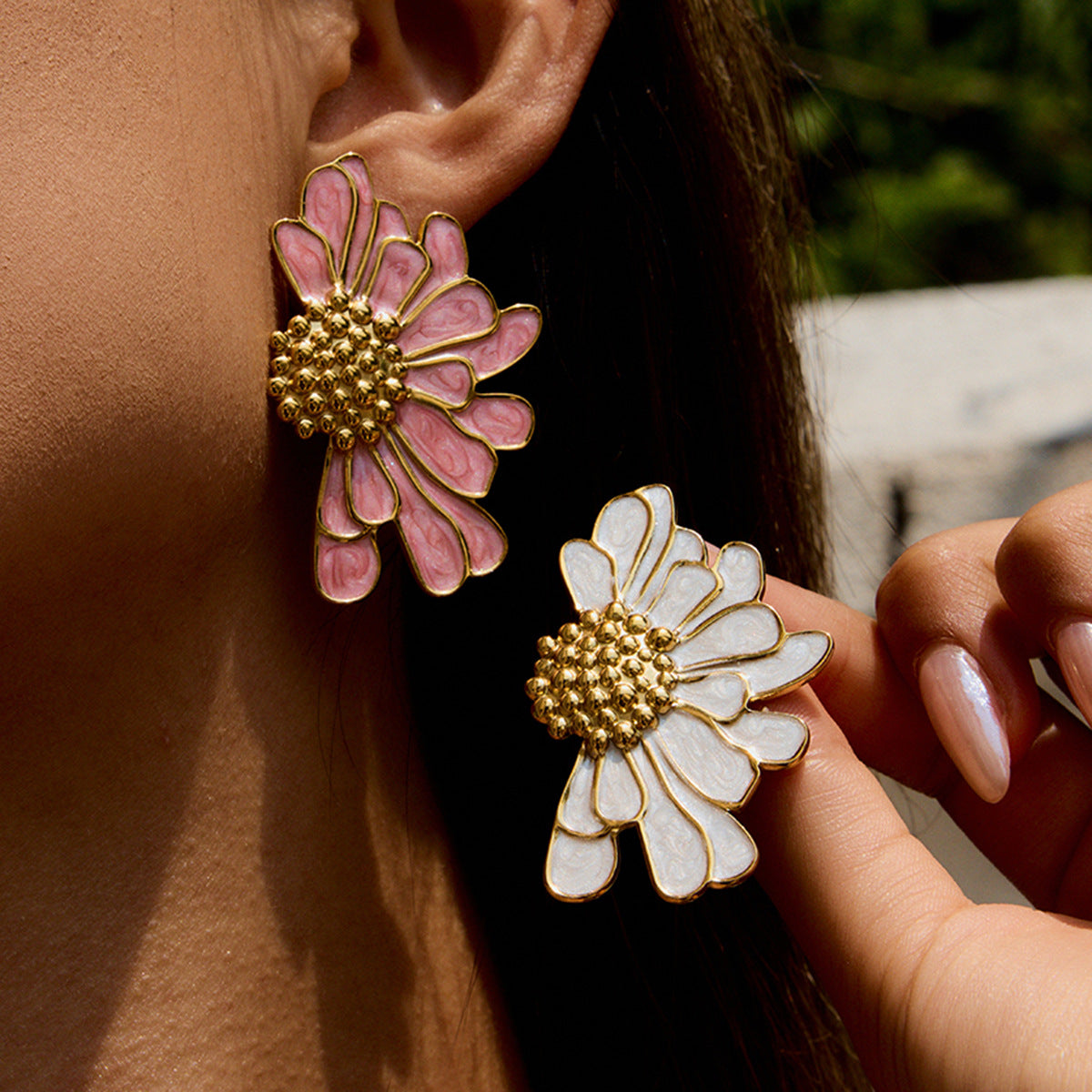 Enamel Flower Stud Earrings – Stainless Steel Titanium Luxury Statement Jewelry for Women