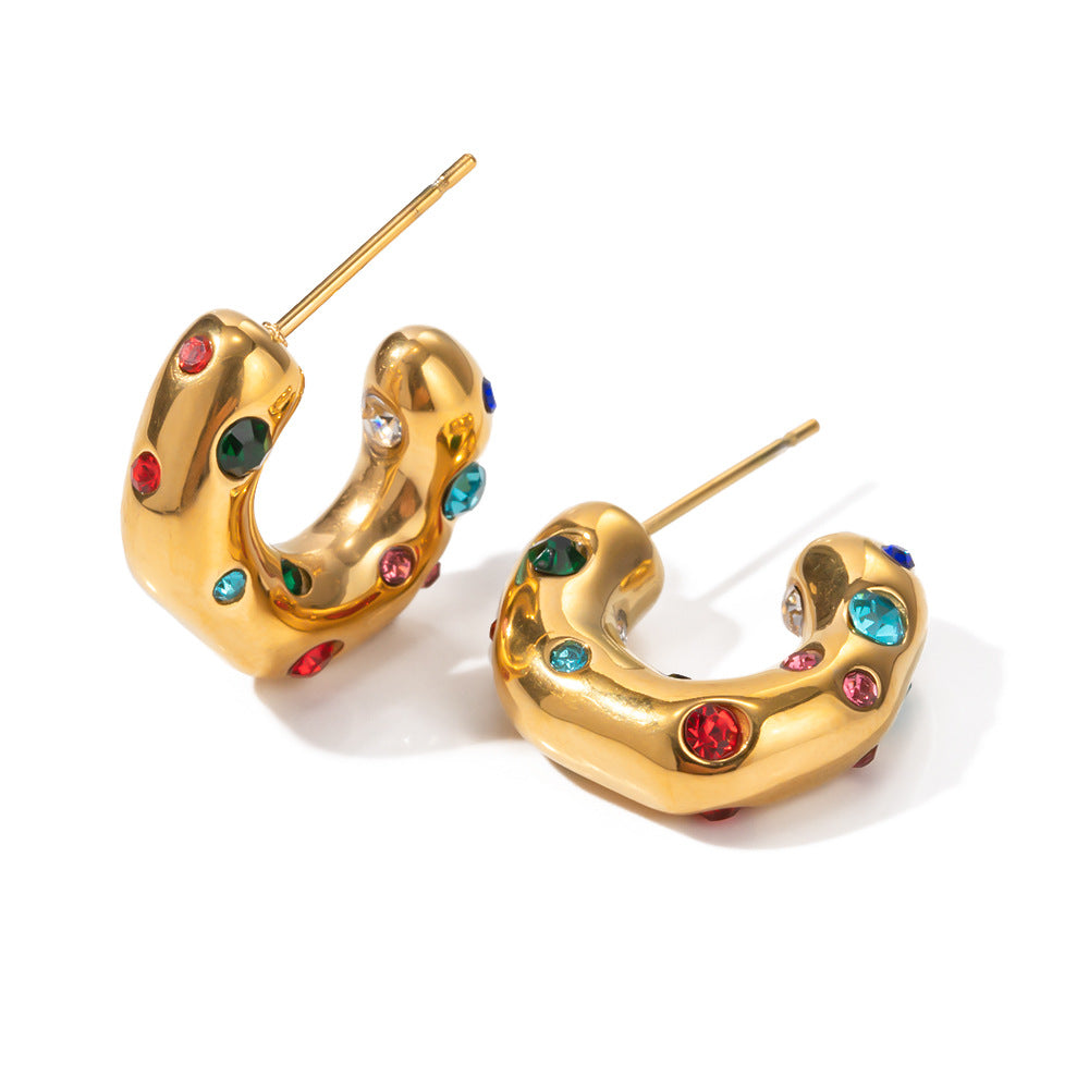 Hammered C Hoop Earrings with Colorful Zircon – Stainless Steel Statement Jewelry for Women