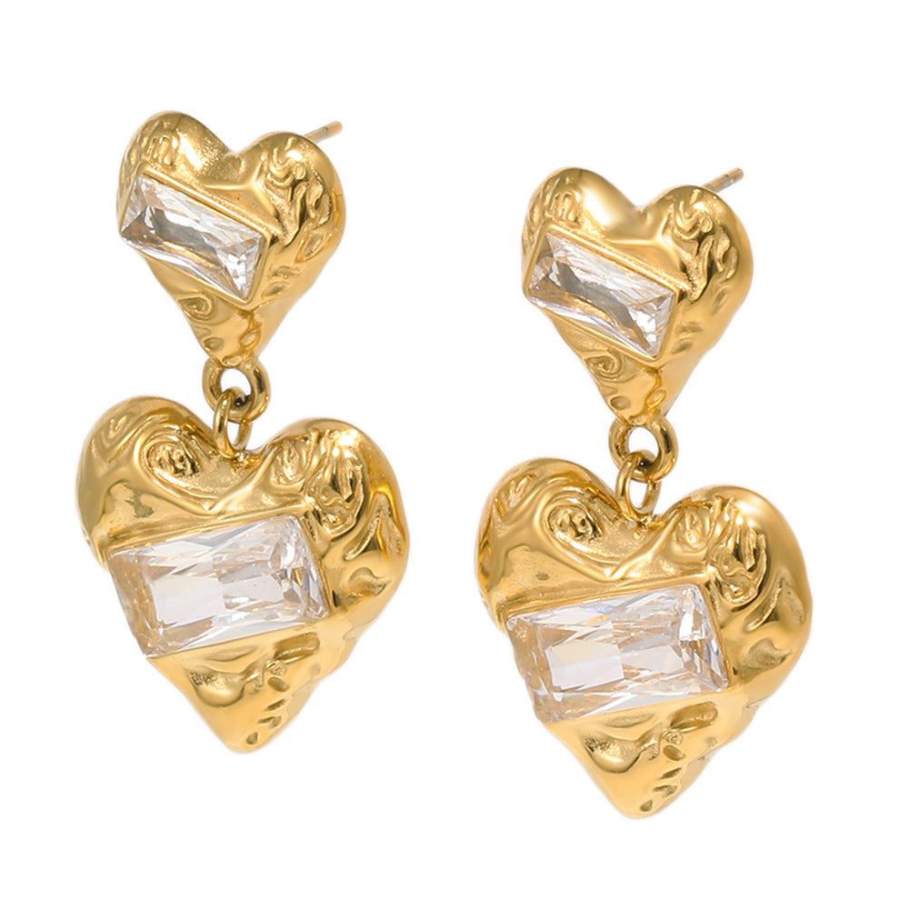 Zircon Heart Stud Earrings – 18K Gold Plated Stainless Steel Minimalist Jewelry for Women