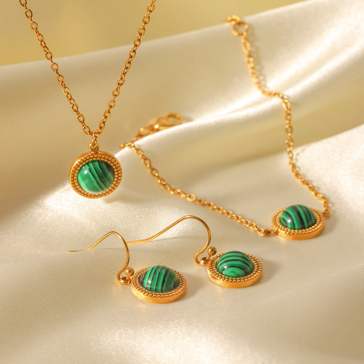 French Vintage Malachite Jewelry Set – 18K Gold Plated Stainless Steel Necklace, Bracelet & Earrings for Women