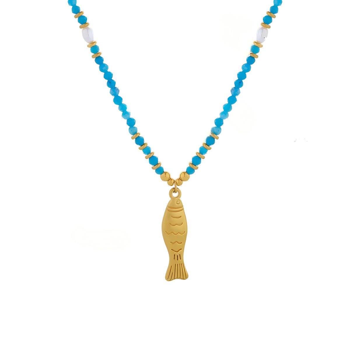 Ocean Fish Charm Necklace – Gold Plated Stainless Steel Natural Stone Beach Jewelry for Women