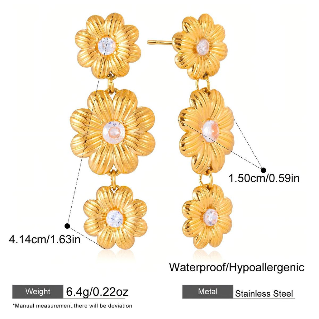 White Zircon Daisy Stud Earrings – 18K Gold Plated Stainless Steel Statement Floral Jewelry for Women