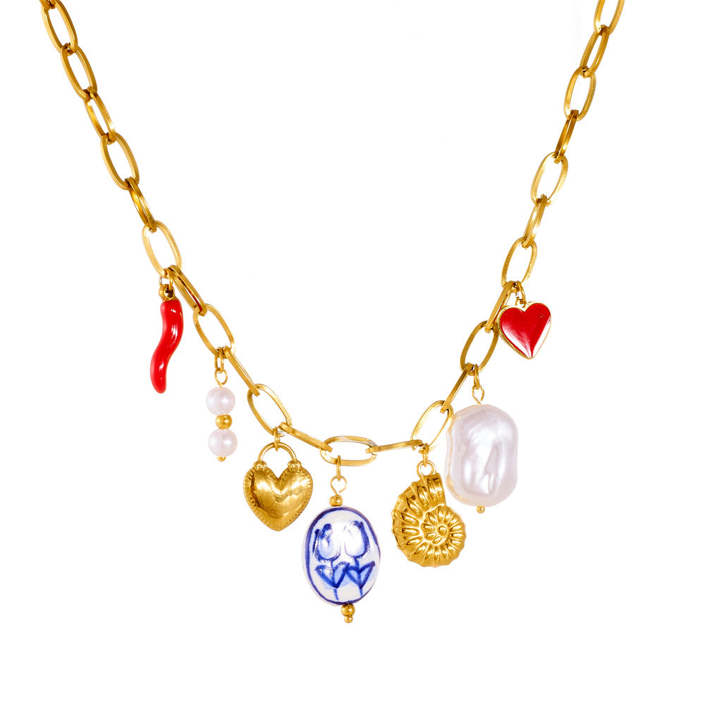 Gold Plated Multi-Charm Necklace – Heart, Shell & Chili Pendant Colorful Statement Jewelry for Women