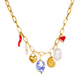 Gold Plated Multi-Charm Necklace – Heart, Shell & Chili Pendant Colorful Statement Jewelry for Women