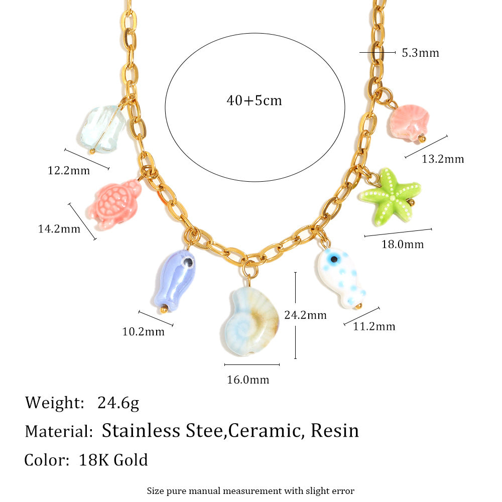 Handmade Ocean Fish Necklace – Colorful Ceramic Beads, 18K Gold Plated Stainless Steel Boutique Jewelry for Women