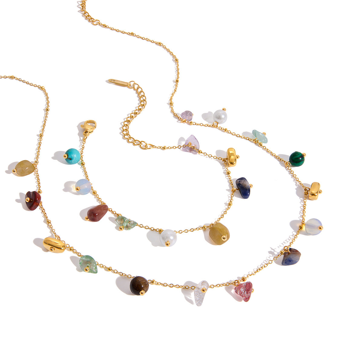 Vintage Natural Stone Necklace & Bracelet Set – Stainless Steel Chic Jewelry for Women