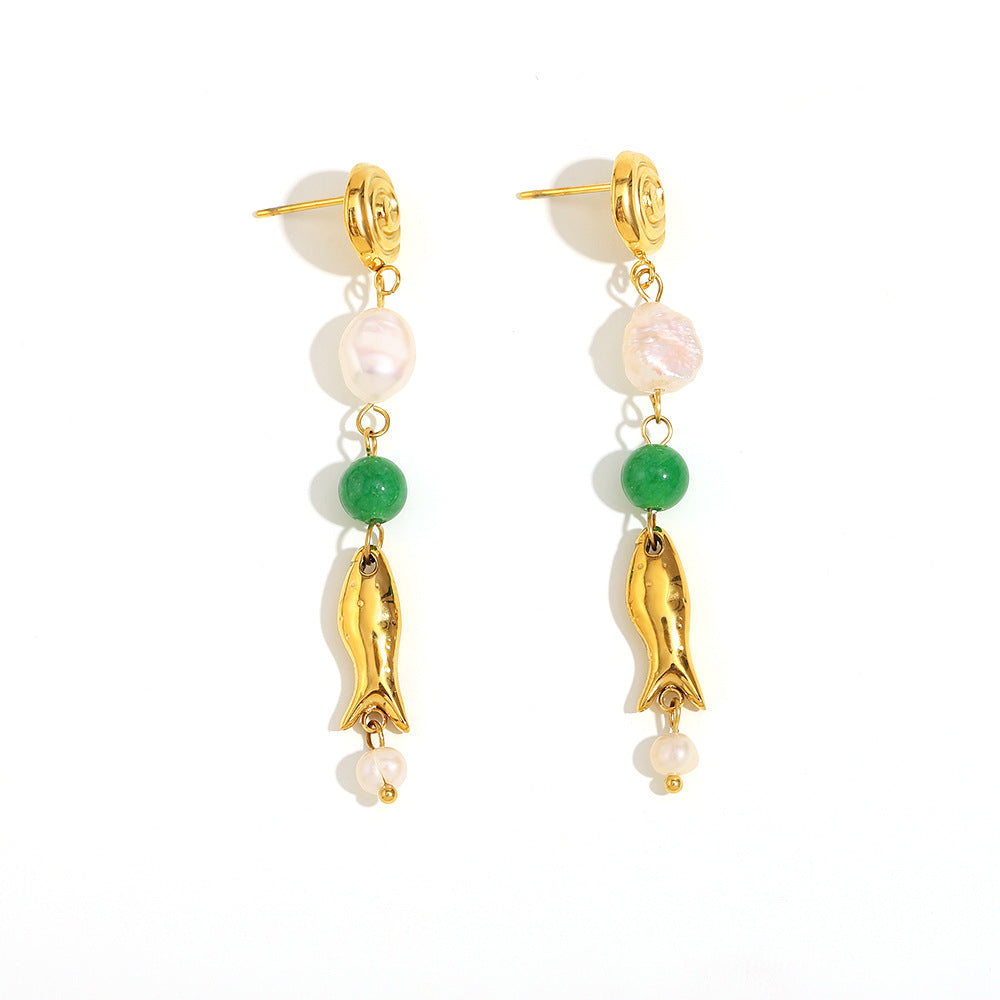 18K Gold Plated Pearl & Fish Tassel Earrings – Vintage Luxury Stainless Steel Drop Earrings for Women