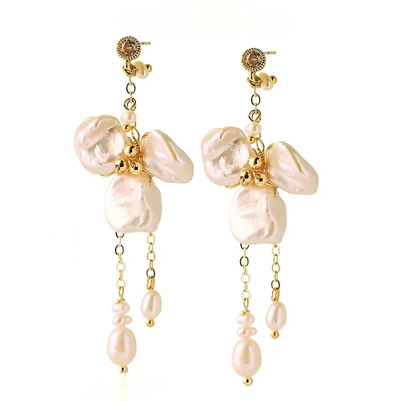 Freshwater Pearl Floral Chain Earrings – CZ Accents 18K Gold Plated Stainless Steel Minimalist Luxury Jewelry