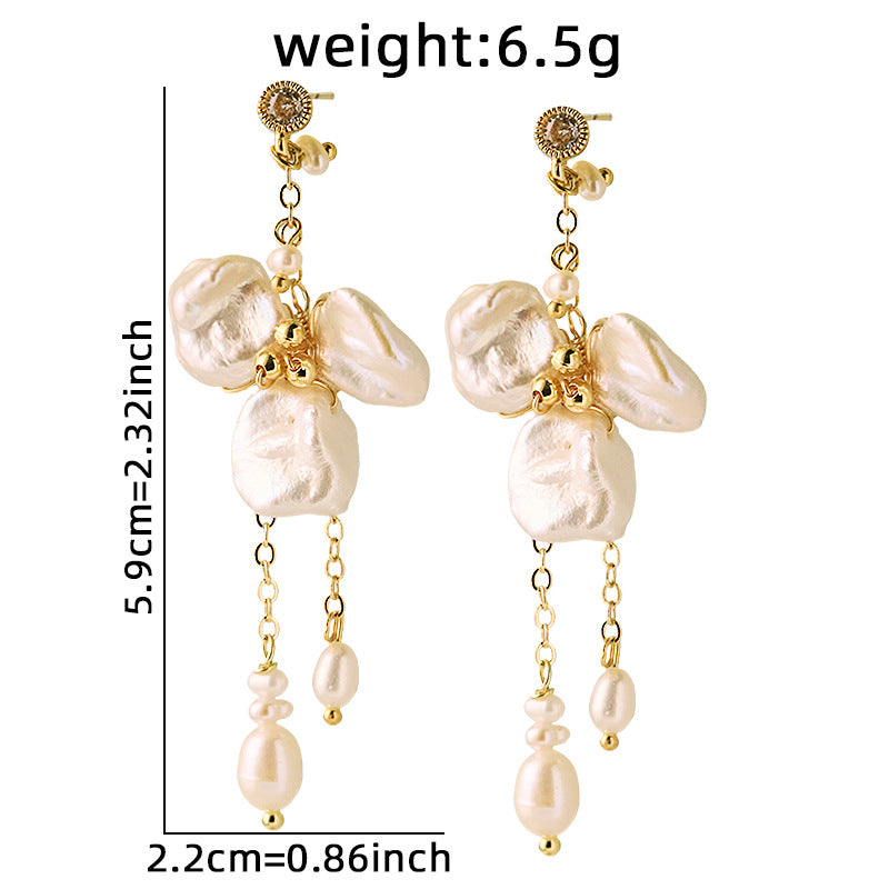 Freshwater Pearl Floral Chain Earrings – CZ Accents 18K Gold Plated Stainless Steel Minimalist Luxury Jewelry