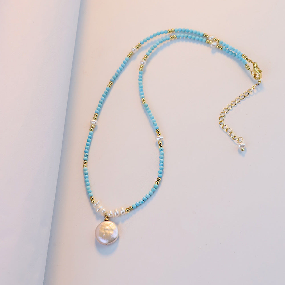 Turquoise & Freshwater Pearl Layered Necklace – 18K Gold Plated Minimalist Luxury Summer Jewelry for Women