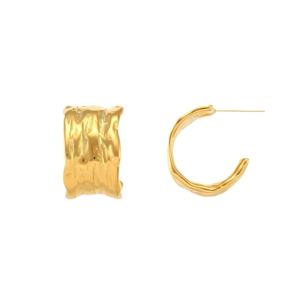 Hammered C-Shaped Hoop Earrings – 18K Gold Plated 316L Stainless Steel Vintage Statement Jewelry for Women