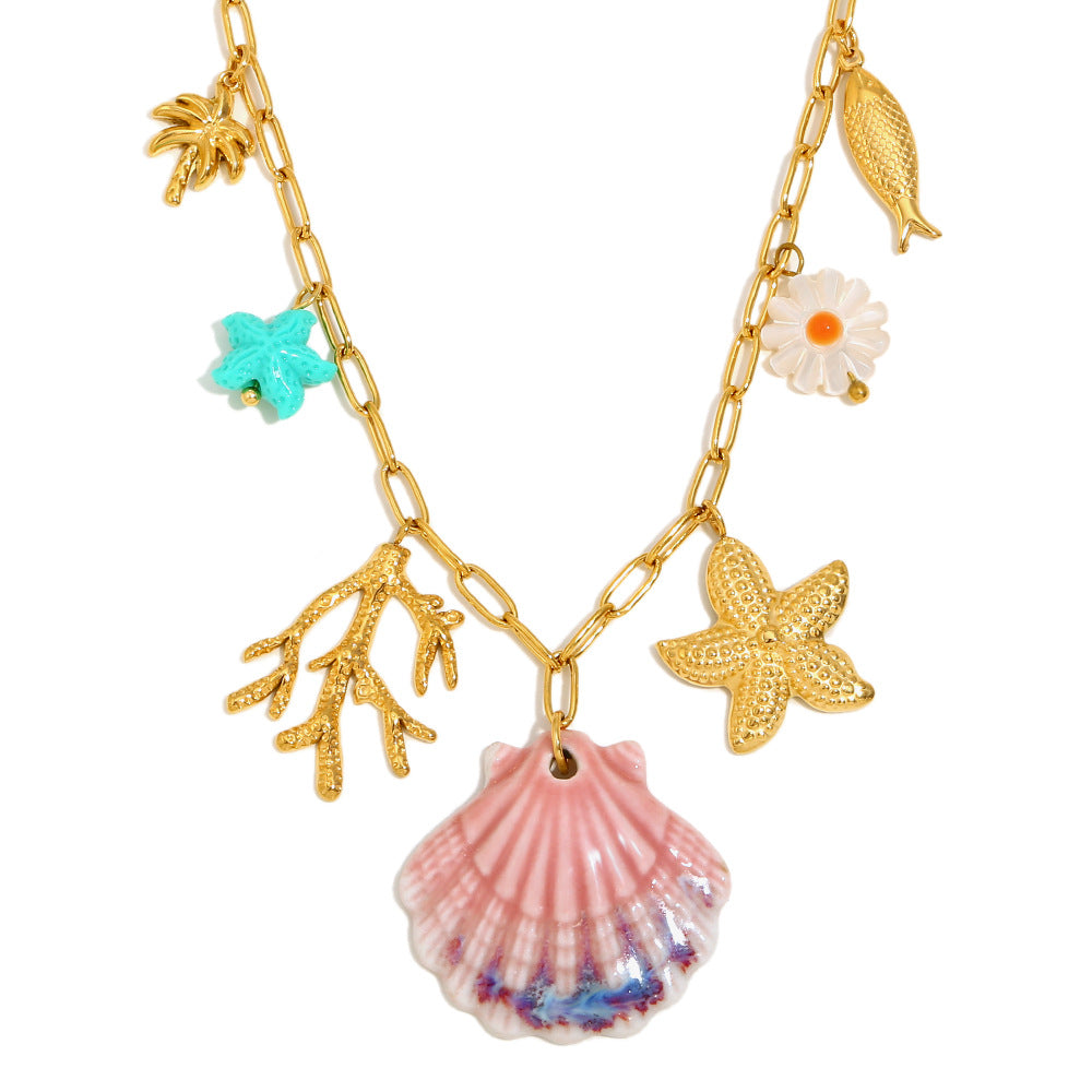 Beach Scallop Pendant Necklace – 18K Gold Plated Stainless Steel Paperclip Chain Ocean Jewelry for Women