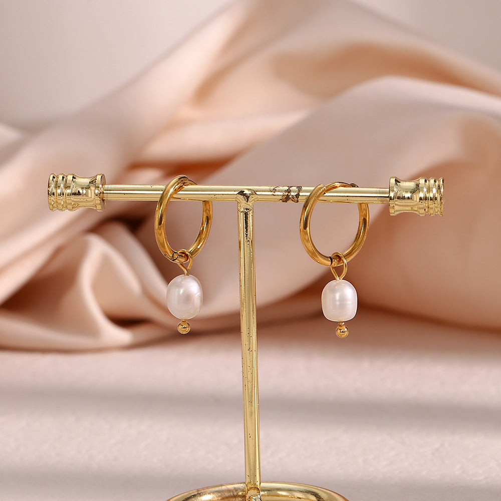 Freshwater Pearl Hoop Earrings – 18K Gold Plated Stainless Steel Minimalist Luxury Jewelry for Women