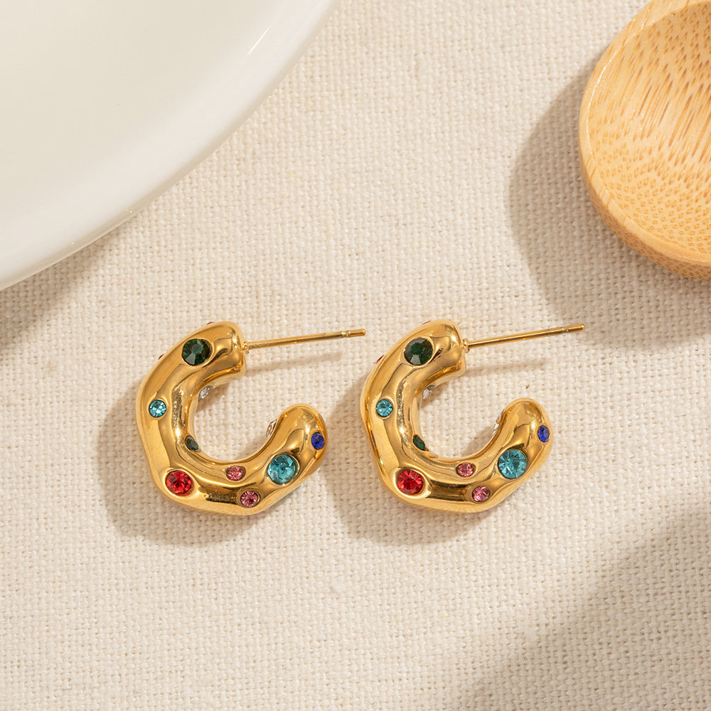 Hammered C Hoop Earrings with Colorful Zircon – Stainless Steel Statement Jewelry for Women